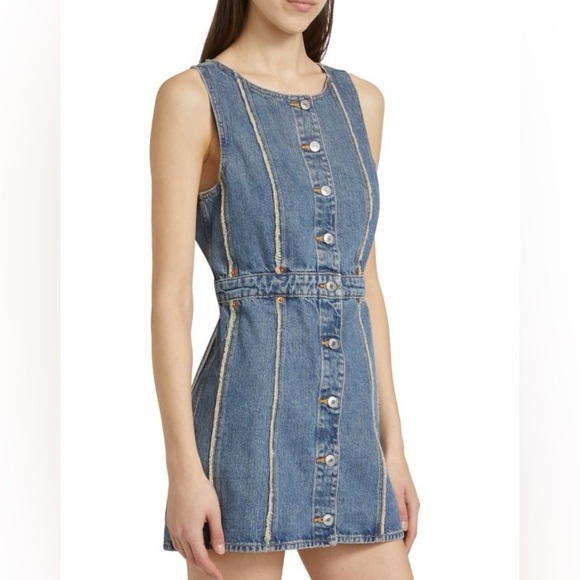 NWT RE/DONE Women’s FRAY Denim Mini Dress Bruna Blue Denim Medium 100% Cotton - Picture 1 of 16